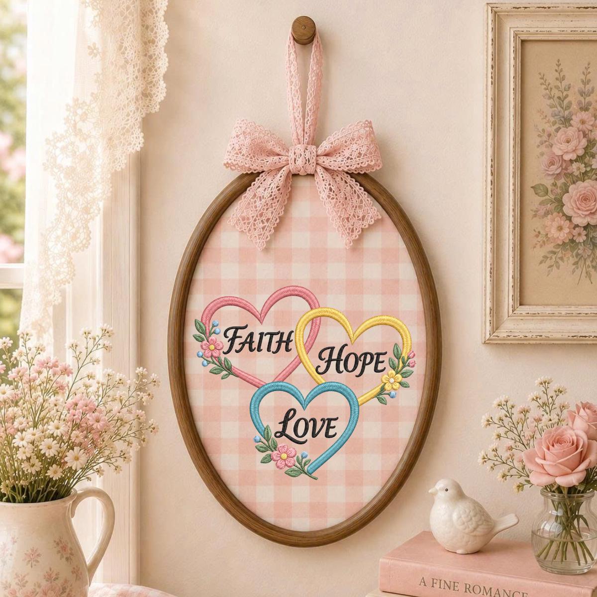 Embroidered Faith Hope Love Oval Hoop Decor, Pastel Hearts Floral Botanical Christian Scripture Wall Art, Baptism Housewarming Gift