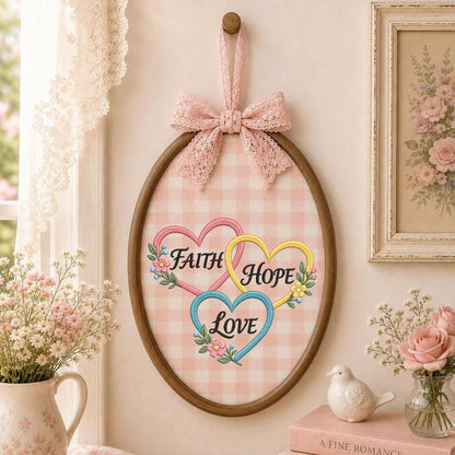 Embroidered Faith Hope Love Oval Hoop Decor, Pastel Hearts Floral Botanical Christian Scripture Wall Art, Baptism Housewarming Gift