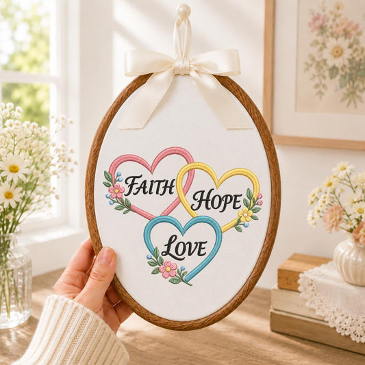 Embroidered Faith Hope Love Oval Hoop Decor, Pastel Hearts Floral Botanical Christian Scripture Wall Art, Baptism Housewarming Gift