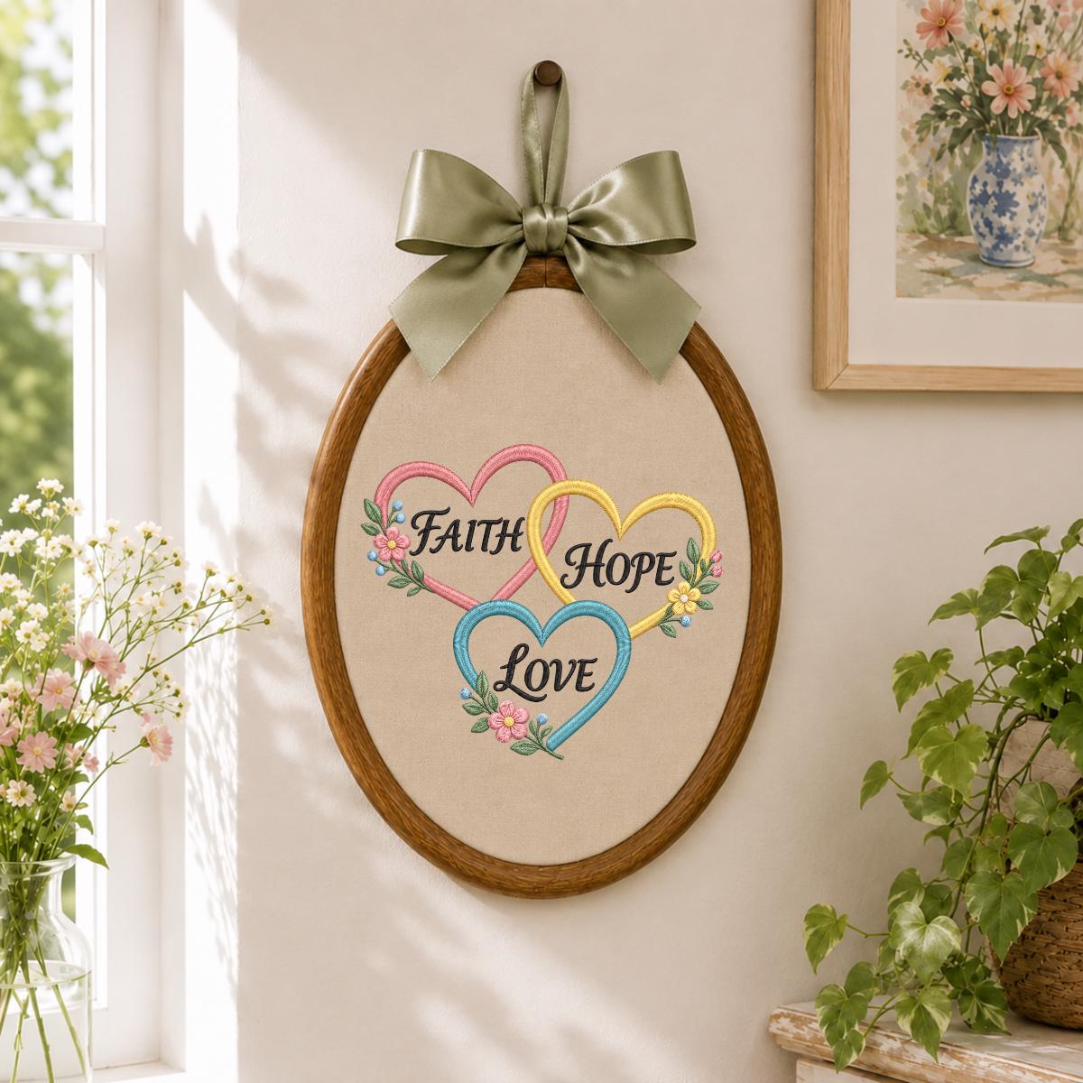 Embroidered Faith Hope Love Oval Hoop Decor, Pastel Hearts Floral Botanical Christian Scripture Wall Art, Baptism Housewarming Gift