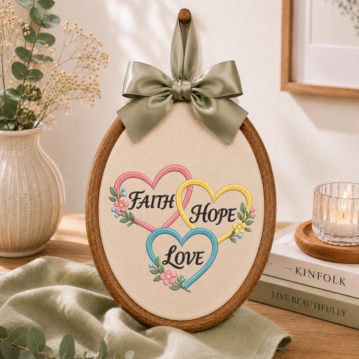 Embroidered Faith Hope Love Oval Hoop Decor, Pastel Hearts Floral Botanical Christian Scripture Wall Art, Baptism Housewarming Gift