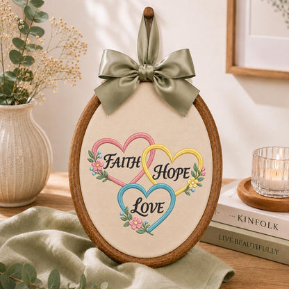 Embroidered Faith Hope Love Oval Hoop Decor, Pastel Hearts Floral Botanical Christian Scripture Wall Art, Baptism Housewarming Gift