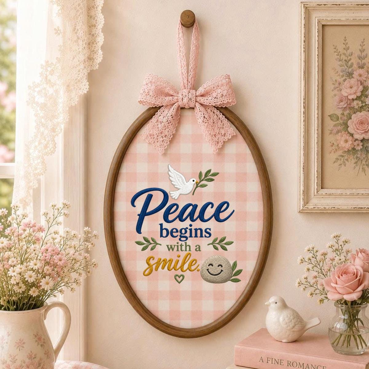 Embroidered Peace Dove Oval Hoop Decor, Blue Lace Bow Peace Begins with a Smile Striped Fabric Sign, Classroom Nursery Wall Hanging Gift