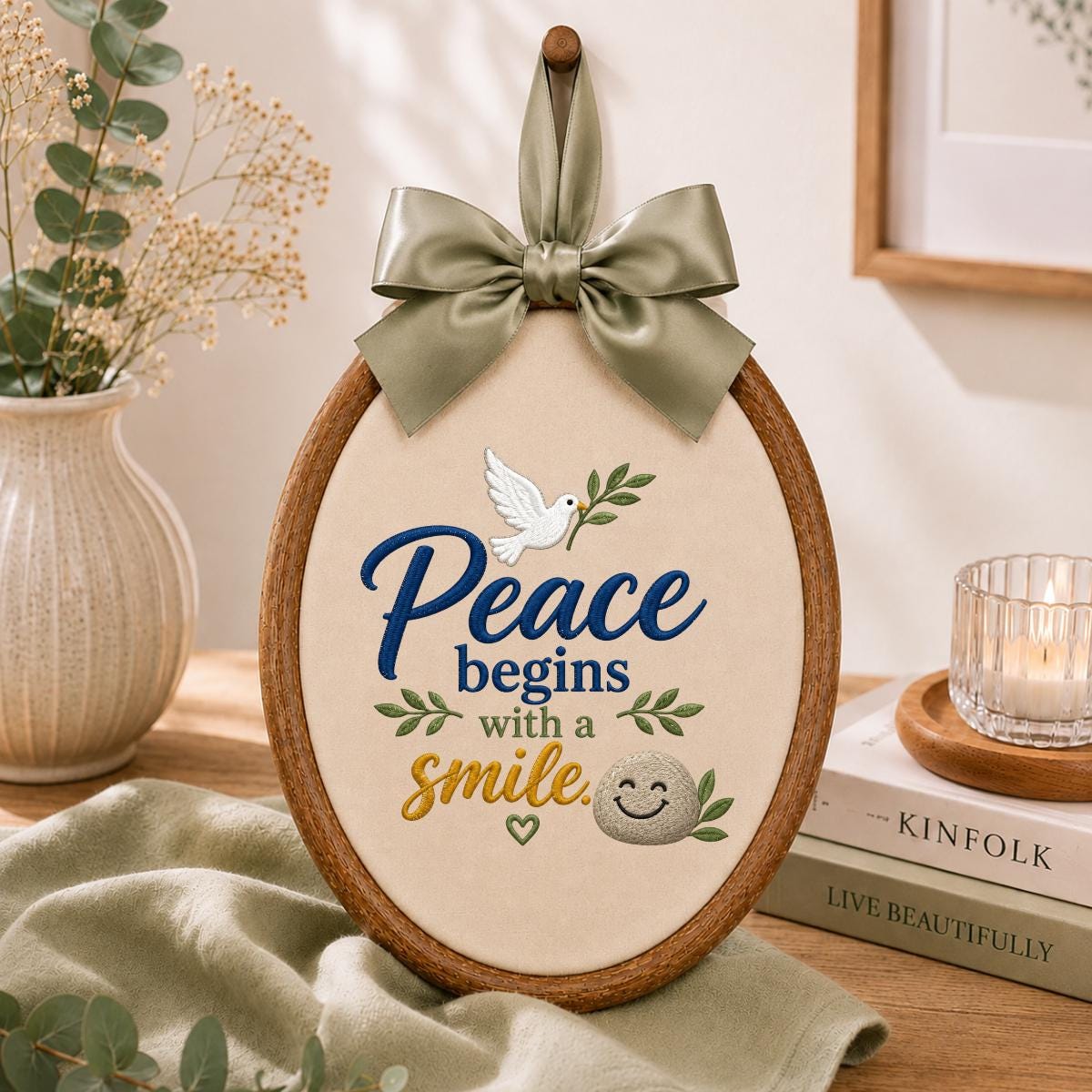 Embroidered Peace Dove Oval Hoop Decor, Blue Lace Bow Peace Begins with a Smile Striped Fabric Sign, Classroom Nursery Wall Hanging Gift