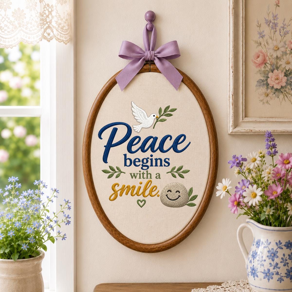 Embroidered Peace Dove Oval Hoop Decor, Blue Lace Bow Peace Begins with a Smile Striped Fabric Sign, Classroom Nursery Wall Hanging Gift