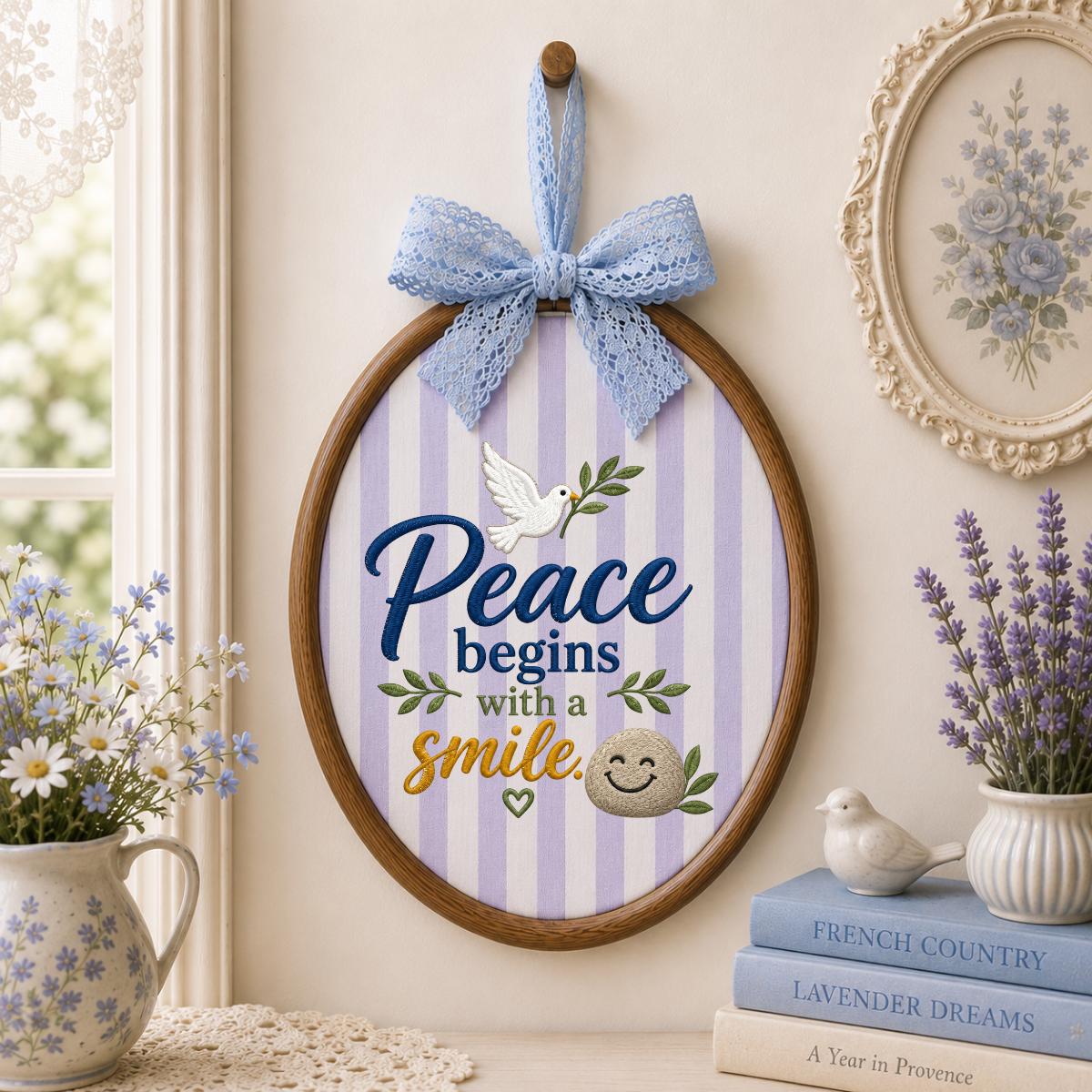 Embroidered Peace Dove Oval Hoop Decor, Blue Lace Bow Peace Begins with a Smile Striped Fabric Sign, Classroom Nursery Wall Hanging Gift