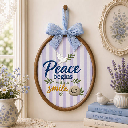 Embroidered Peace Dove Oval Hoop Decor, Blue Lace Bow Peace Begins with a Smile Striped Fabric Sign, Classroom Nursery Wall Hanging Gift