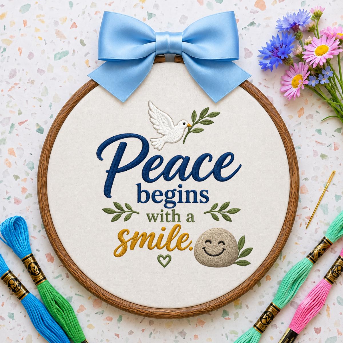 Embroidered Peace Dove Oval Hoop Decor, Blue Lace Bow Peace Begins with a Smile Striped Fabric Sign, Classroom Nursery Wall Hanging Gift