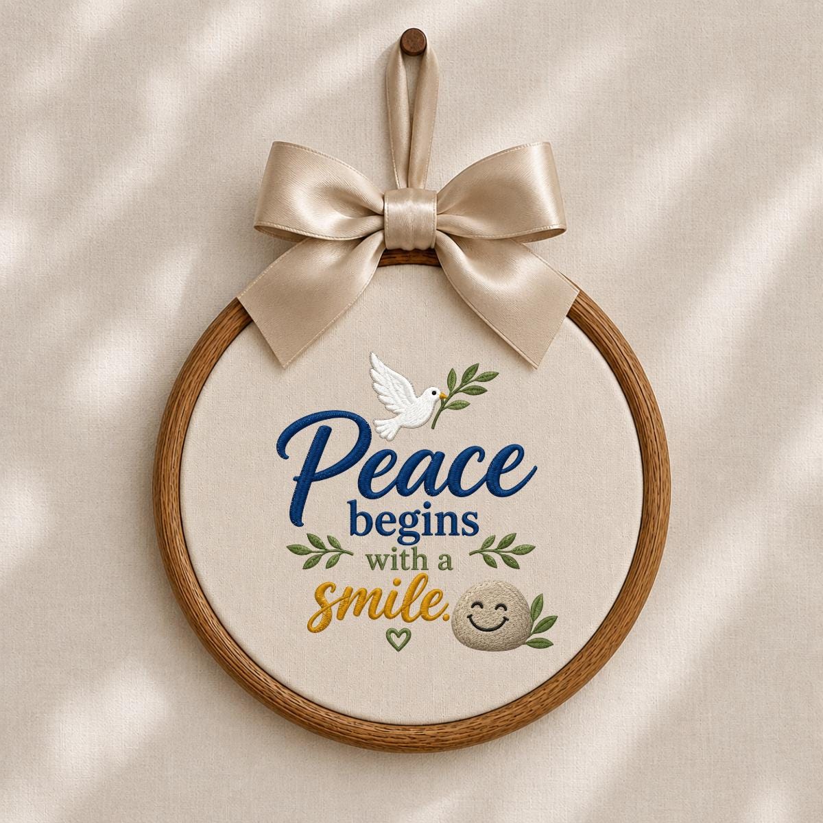 Embroidered Peace Dove Oval Hoop Decor, Blue Lace Bow Peace Begins with a Smile Striped Fabric Sign, Classroom Nursery Wall Hanging Gift