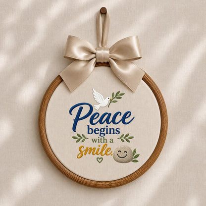 Embroidered Peace Dove Oval Hoop Decor, Blue Lace Bow Peace Begins with a Smile Striped Fabric Sign, Classroom Nursery Wall Hanging Gift