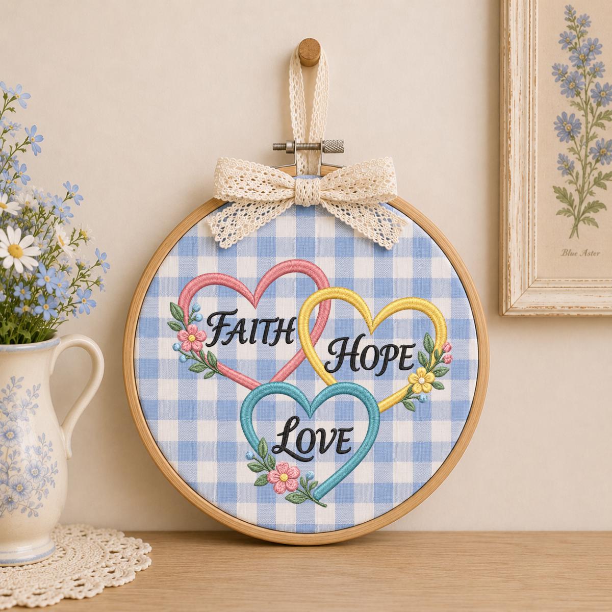 Embroidered Faith Hope Love Oval Hoop Decor, Pastel Hearts Floral Botanical Christian Scripture Wall Art, Baptism Housewarming Gift