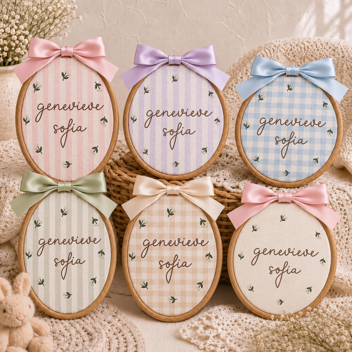 May include: Six oval wooden embroidery hoops featuring fabric backgrounds in various pastel colors and patterns, including stripes and gingham. Each hoop is topped with a satin ribbon bow and embroidered with the name genevieve sofia.