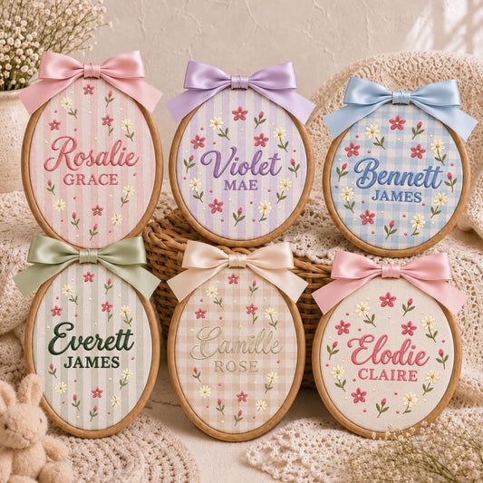 May include: Six oval wooden embroidery hoops featuring personalized names and middle names stitched in various colors. Each hoop is decorated with embroidered floral patterns and topped with a satin ribbon bow in coordinating pastel colors.