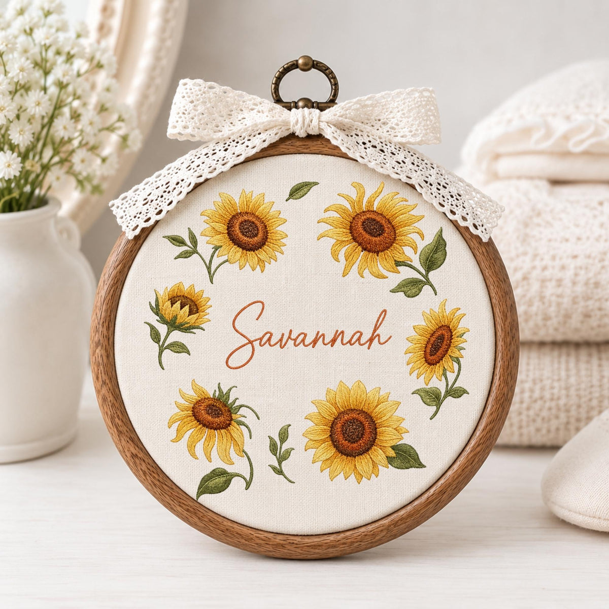 May include: A circular wooden embroidery hoop containing off-white fabric with a hand-stitched sunflower wreath pattern and the name Savannah in cursive script. A white lace ribbon is tied in a bow at the top metal hanging loop of the frame.