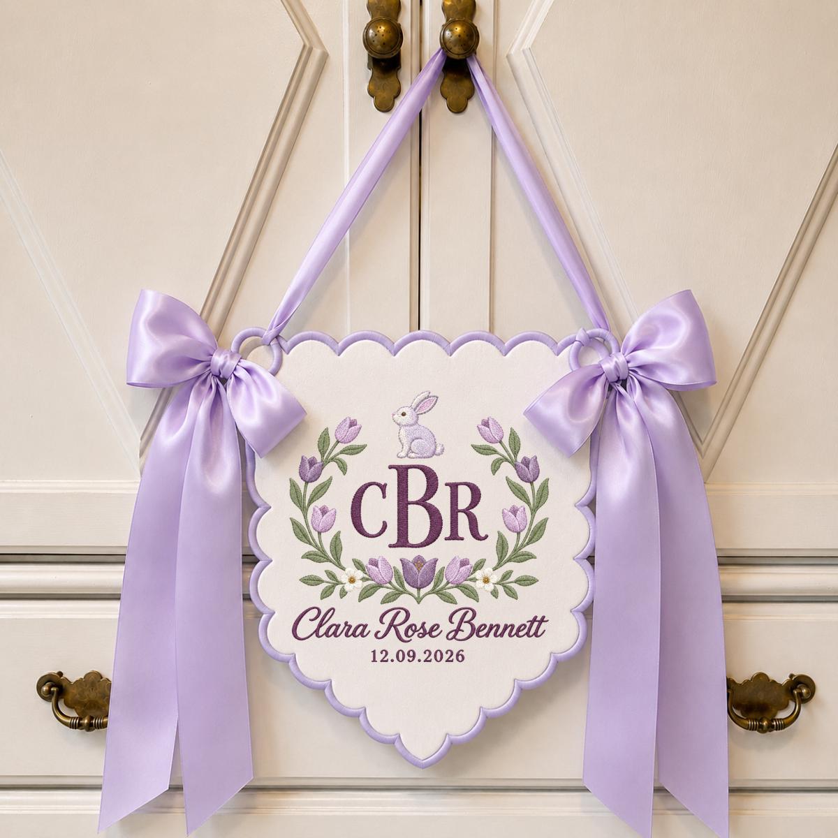Personalized Rabbit Floral Crest Scalloped Banner Decor, Custom Embroidered Name Date Initial Tulip Nursery Wall Hanging Sign