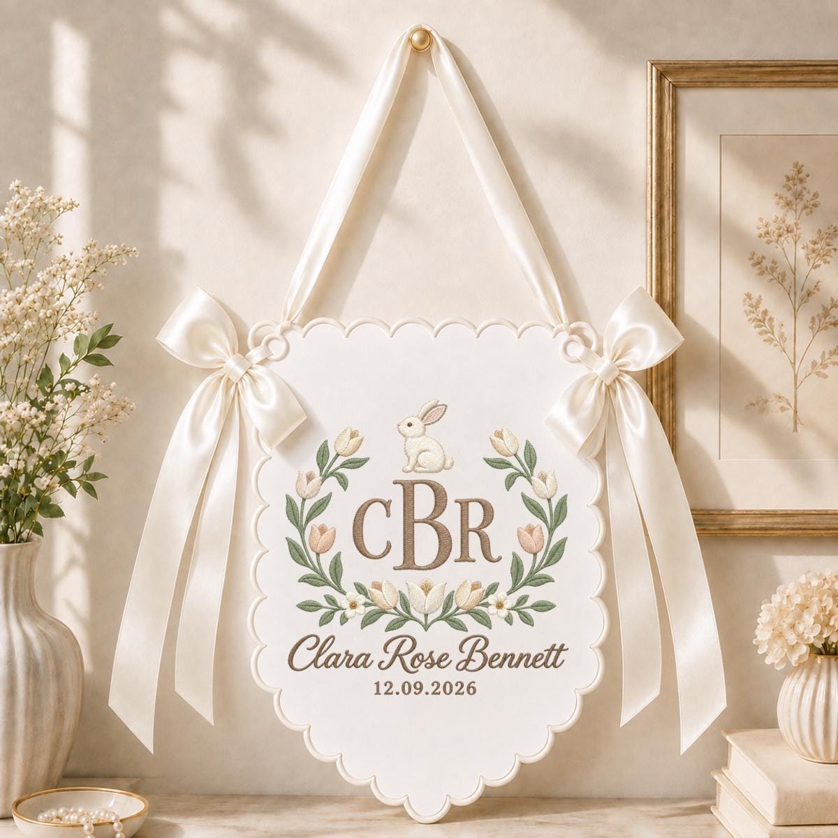 Personalized Rabbit Floral Crest Scalloped Banner Decor, Custom Embroidered Name Date Initial Tulip Nursery Wall Hanging Sign