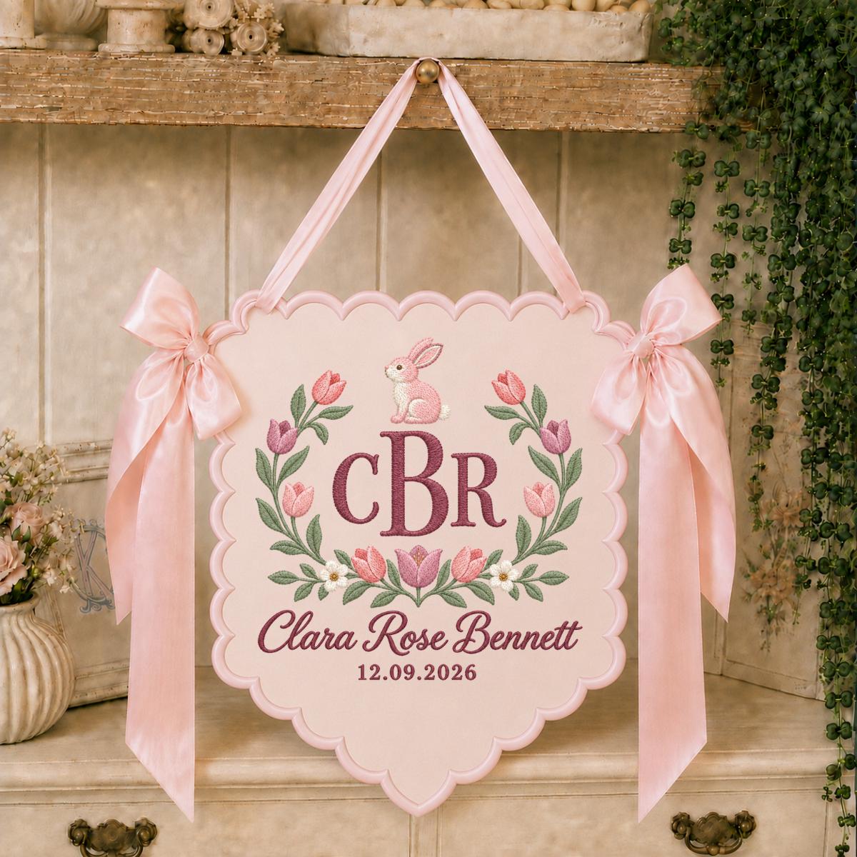Personalized Rabbit Floral Crest Scalloped Banner Decor, Custom Embroidered Name Date Initial Tulip Nursery Wall Hanging Sign