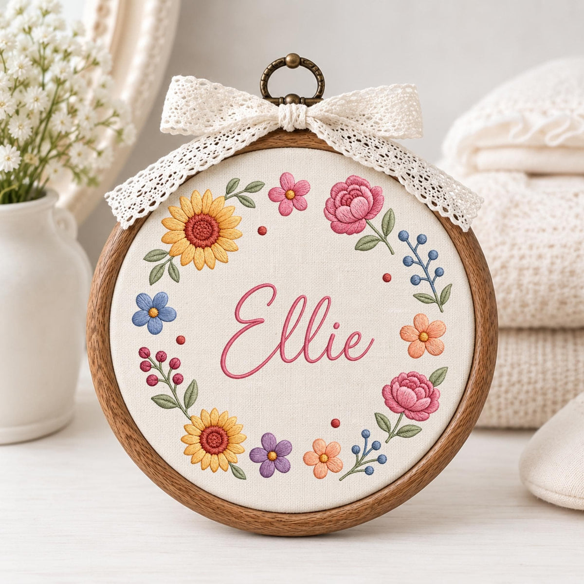 May include: A circular wooden embroidery hoop containing white fabric with the name Ellie stitched in pink cursive script. The name is surrounded by a colorful floral wreath featuring yellow sunflowers, pink roses, and small blue and orange flowers.