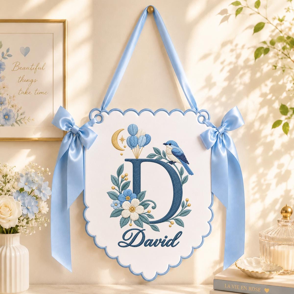 Custom Name Initial Embroidered Scalloped Wall Banner Decor, Lavender Satin Bows Bird David Baby Shower Hospital Door Sign Keepsake