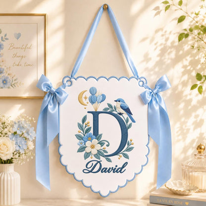 Custom Name Initial Embroidered Scalloped Wall Banner Decor, Lavender Satin Bows Bird David Baby Shower Hospital Door Sign Keepsake