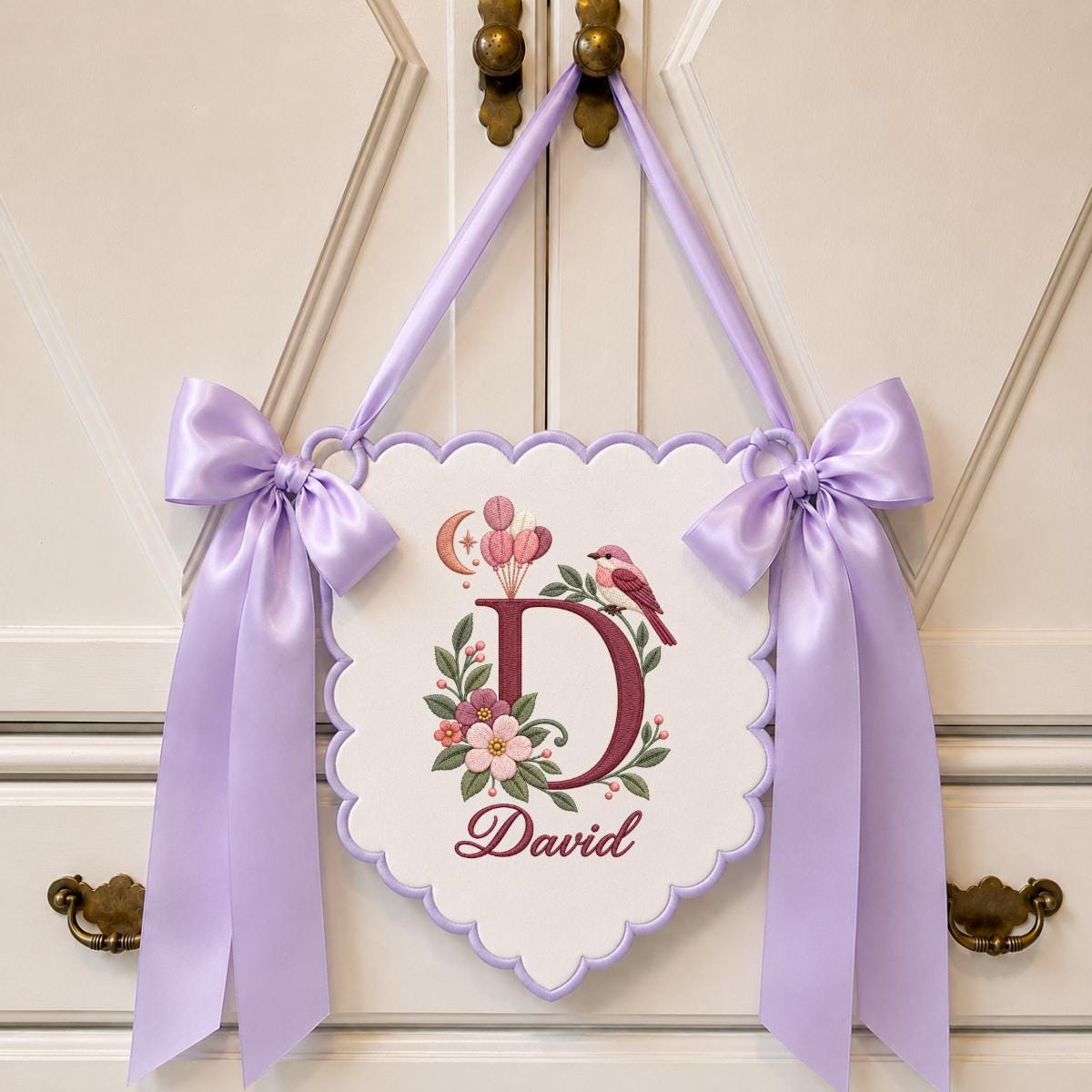 Custom Name Initial Embroidered Scalloped Wall Banner Decor, Lavender Satin Bows Bird David Baby Shower Hospital Door Sign Keepsake