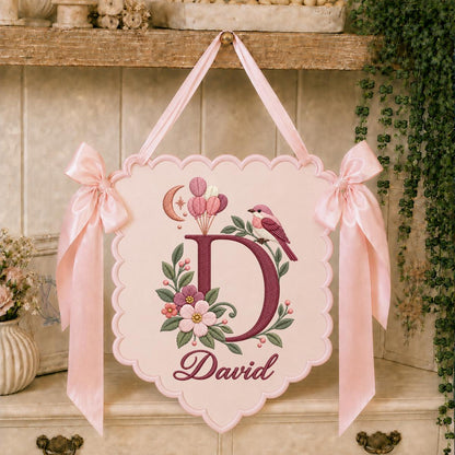 Custom Name Initial Embroidered Scalloped Wall Banner Decor, Lavender Satin Bows Bird David Baby Shower Hospital Door Sign Keepsake