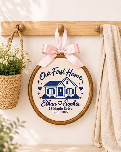 Personalized First Home Embroidered Ornament, Custom Couple Names House Hoop, New Home Gift, Housewarming Keepsake, Closing Gift