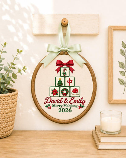 Personalized Mahjong Christmas Embroidered Ornament, Custom Couple Names Hoop, Mahjong Lover Gift, Holiday Keepsake, Christmas 2026
