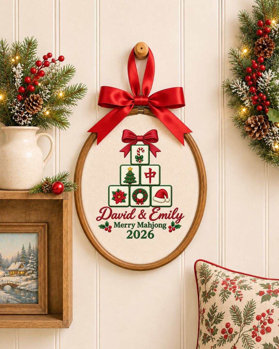 Personalized Mahjong Christmas Embroidered Ornament, Custom Couple Names Hoop, Mahjong Lover Gift, Holiday Keepsake, Christmas 2026