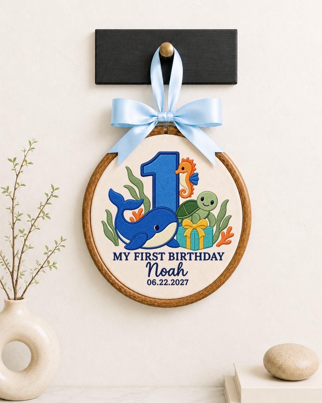 Personalized First Birthday Embroidered Ornament, Ocean Animal 1st Birthday Gift, Custom Baby Name Hoop, Whale Turtle Seahorse Keepsake
