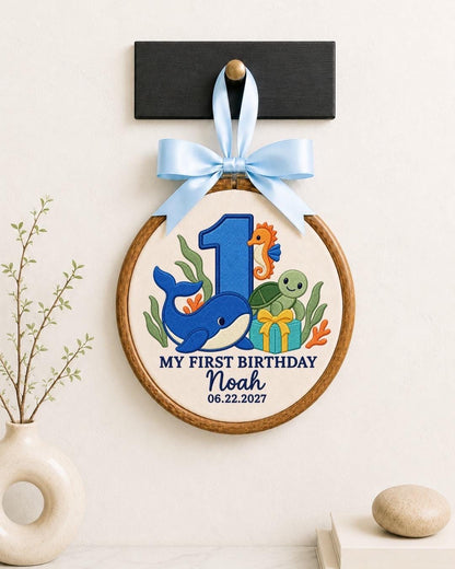 Personalized First Birthday Embroidered Ornament, Ocean Animal 1st Birthday Gift, Custom Baby Name Hoop, Whale Turtle Seahorse Keepsake