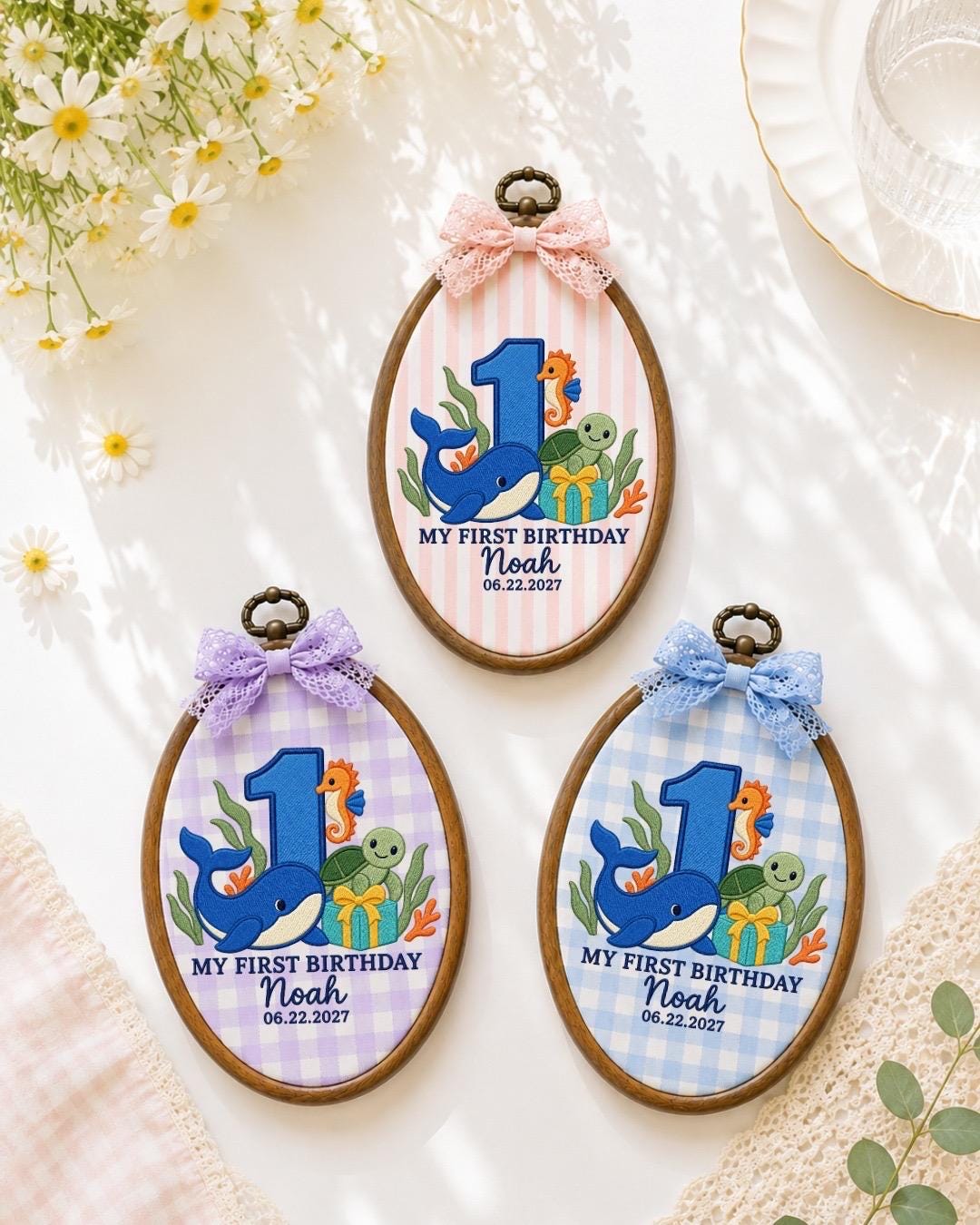 Personalized First Birthday Embroidered Ornament, Ocean Animal 1st Birthday Gift, Custom Baby Name Hoop, Whale Turtle Seahorse Keepsake
