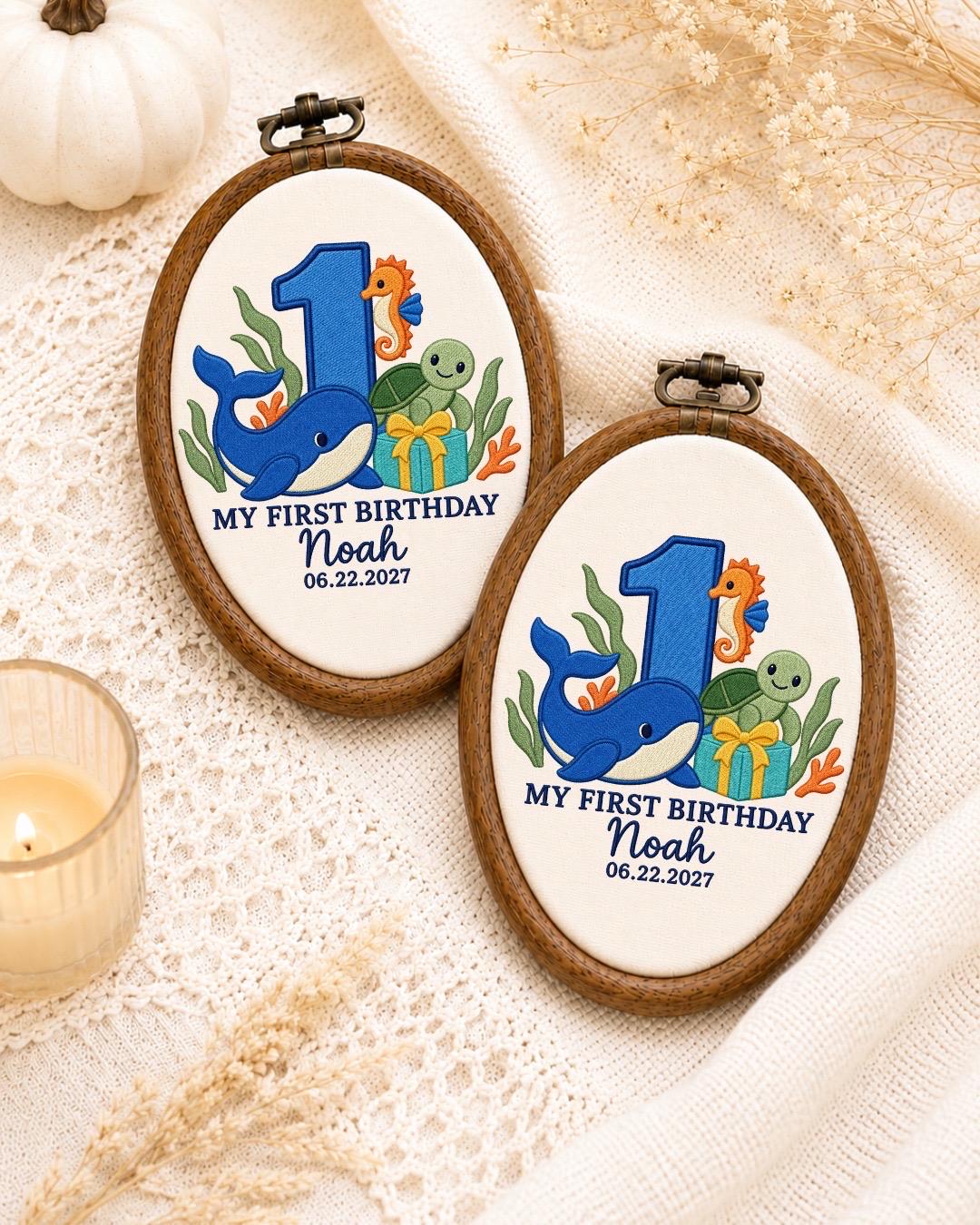 Personalized First Birthday Embroidered Ornament, Ocean Animal 1st Birthday Gift, Custom Baby Name Hoop, Whale Turtle Seahorse Keepsake