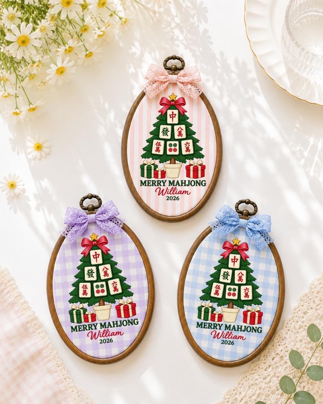 Personalized Mahjong Christmas Embroidered Ornament, Custom Mahjong Player Gift, Merry Mahjong Ornament, Christmas Tree Keepsake