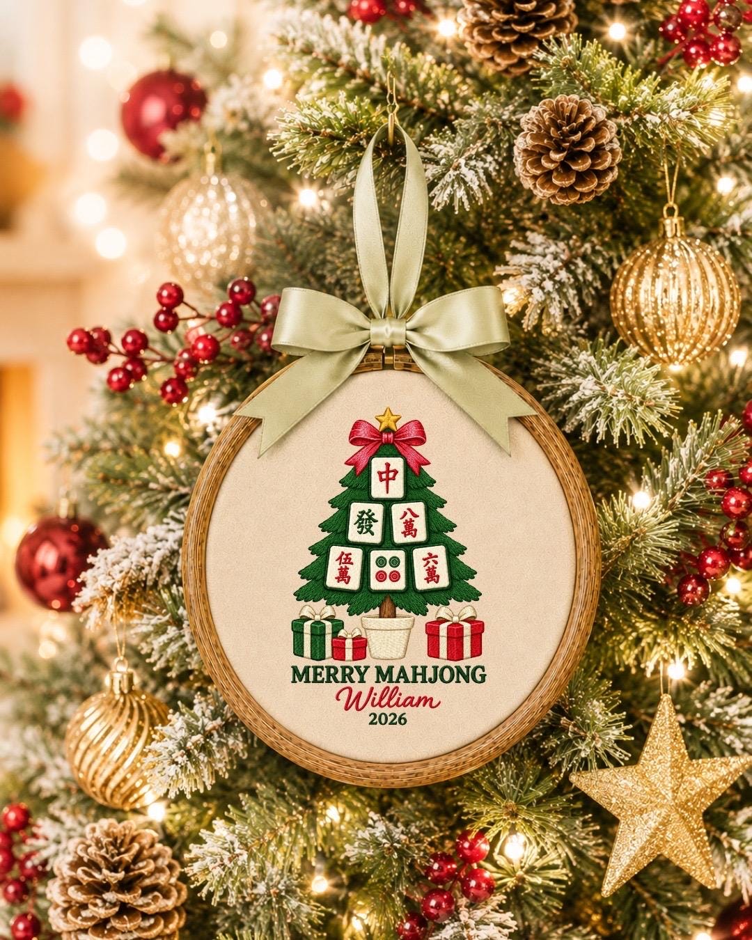 Personalized Mahjong Christmas Embroidered Ornament, Custom Mahjong Player Gift, Merry Mahjong Ornament, Christmas Tree Keepsake