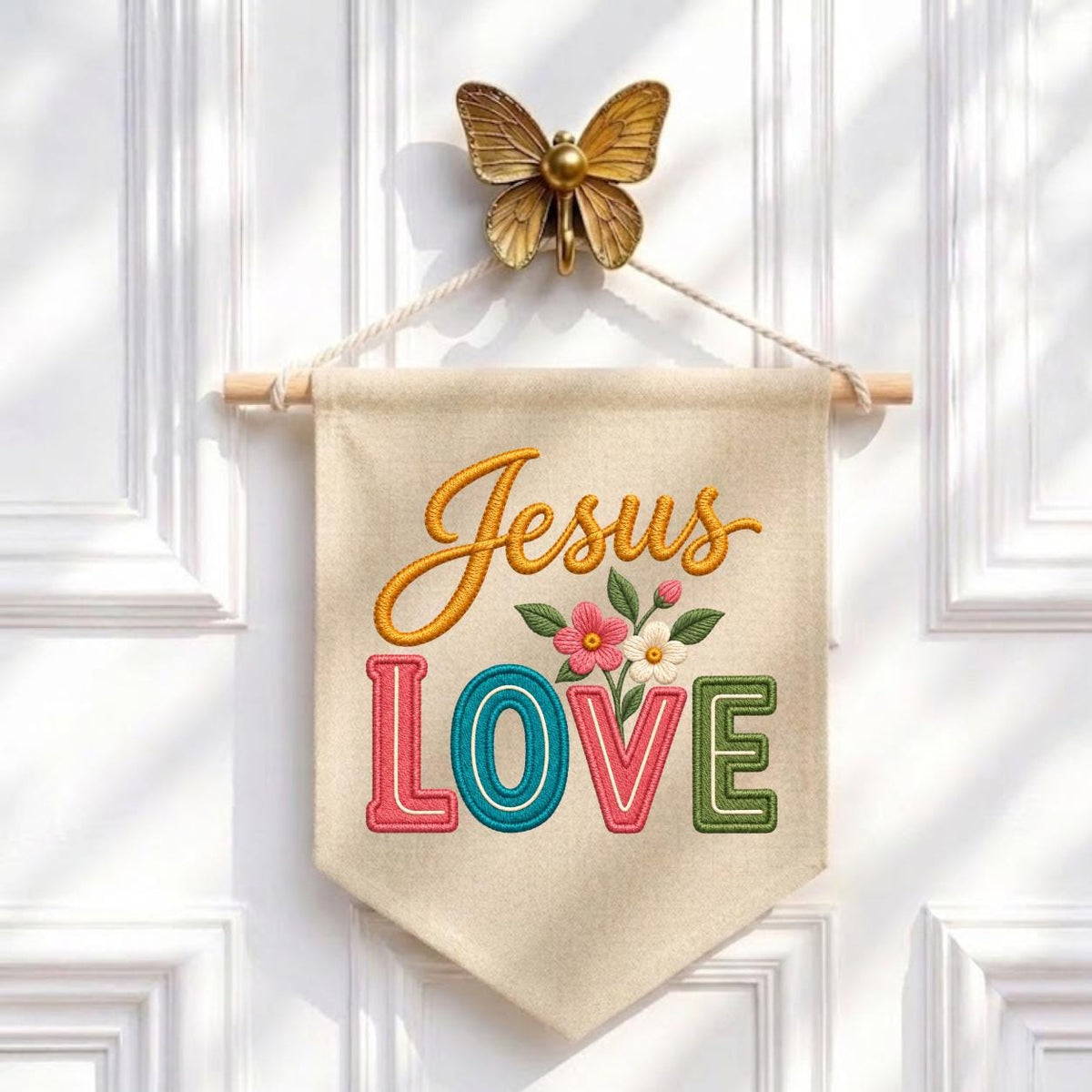 Embroidered Jesus Love Canvas Banner Decor, Colorful Retro Faith Scripture Sign, Christian Baptism Nursery Wall Hanging Gift