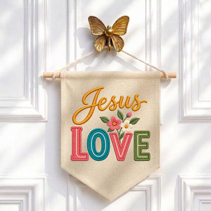 Embroidered Jesus Love Canvas Banner Decor, Colorful Retro Faith Scripture Sign, Christian Baptism Nursery Wall Hanging Gift