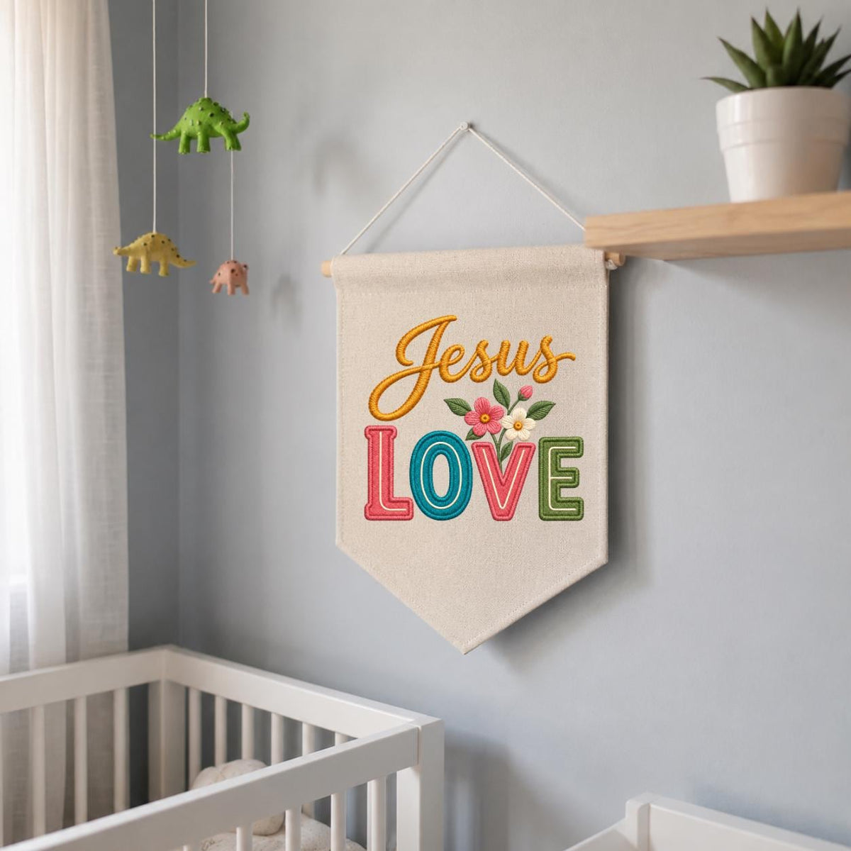 Embroidered Jesus Love Canvas Banner Decor, Colorful Retro Faith Scripture Sign, Christian Baptism Nursery Wall Hanging Gift