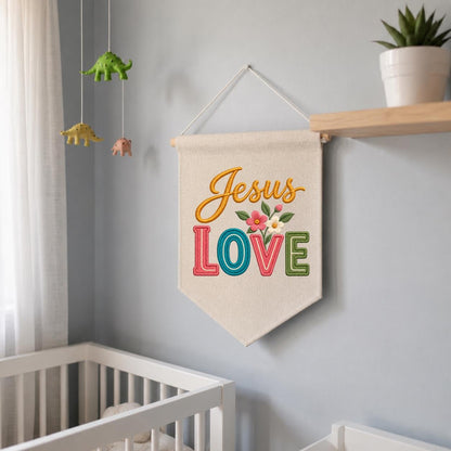 Embroidered Jesus Love Canvas Banner Decor, Colorful Retro Faith Scripture Sign, Christian Baptism Nursery Wall Hanging Gift