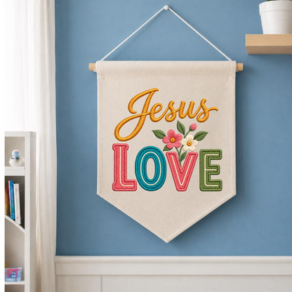 Embroidered Jesus Love Canvas Banner Decor, Colorful Retro Faith Scripture Sign, Christian Baptism Nursery Wall Hanging Gift