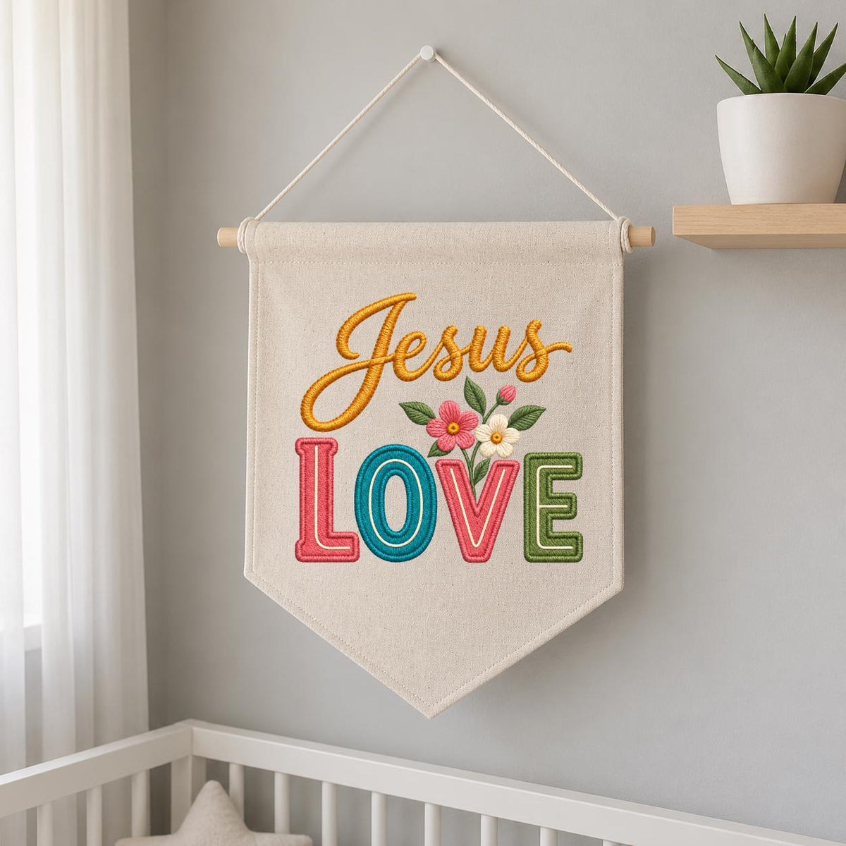 Embroidered Jesus Love Canvas Banner Decor, Colorful Retro Faith Scripture Sign, Christian Baptism Nursery Wall Hanging Gift