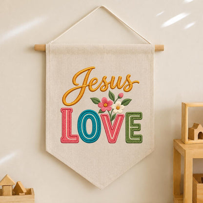 Embroidered Jesus Love Canvas Banner Decor, Colorful Retro Faith Scripture Sign, Christian Baptism Nursery Wall Hanging Gift