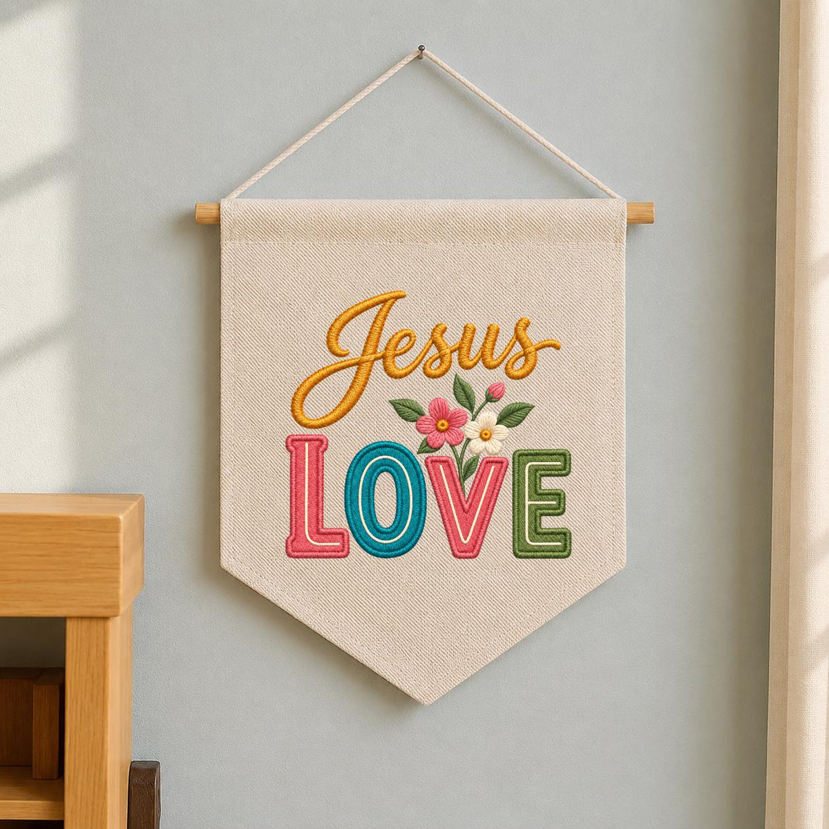 Embroidered Jesus Love Canvas Banner Decor, Colorful Retro Faith Scripture Sign, Christian Baptism Nursery Wall Hanging Gift