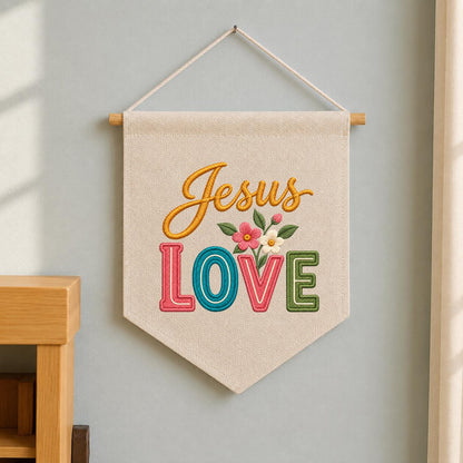 Embroidered Jesus Love Canvas Banner Decor, Colorful Retro Faith Scripture Sign, Christian Baptism Nursery Wall Hanging Gift