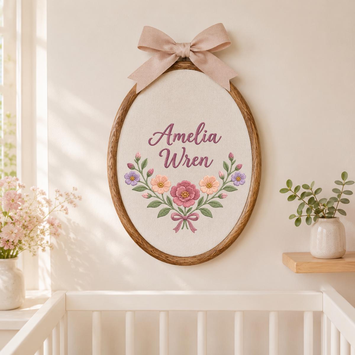 Personalized Baby Girl Oval Hoop Art, Custom Amelia Wren Embroidered Floral Swag Lavender Bow Nursery Name Wall Hanging Sign Decor