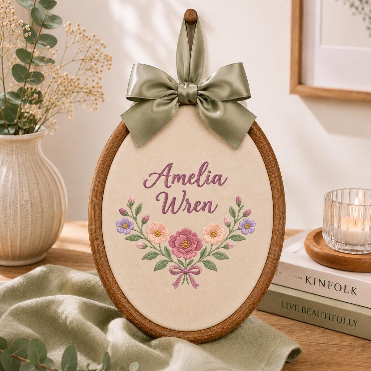 Personalized Baby Girl Oval Hoop Art, Custom Amelia Wren Embroidered Floral Swag Lavender Bow Nursery Name Wall Hanging Sign Decor