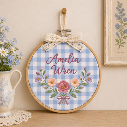 Personalized Baby Girl Oval Hoop Art, Custom Amelia Wren Embroidered Floral Swag Lavender Bow Nursery Name Wall Hanging Sign Decor