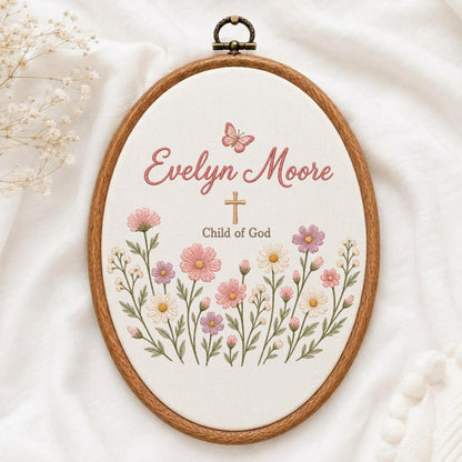 May include: An oval embroidery hoop containing white fabric with a floral design. The embroidery features pink and white flowers, a small butterfly, a gold cross, and the text "Evelyn Moore" in pink script with "Child of God" in brown text below.