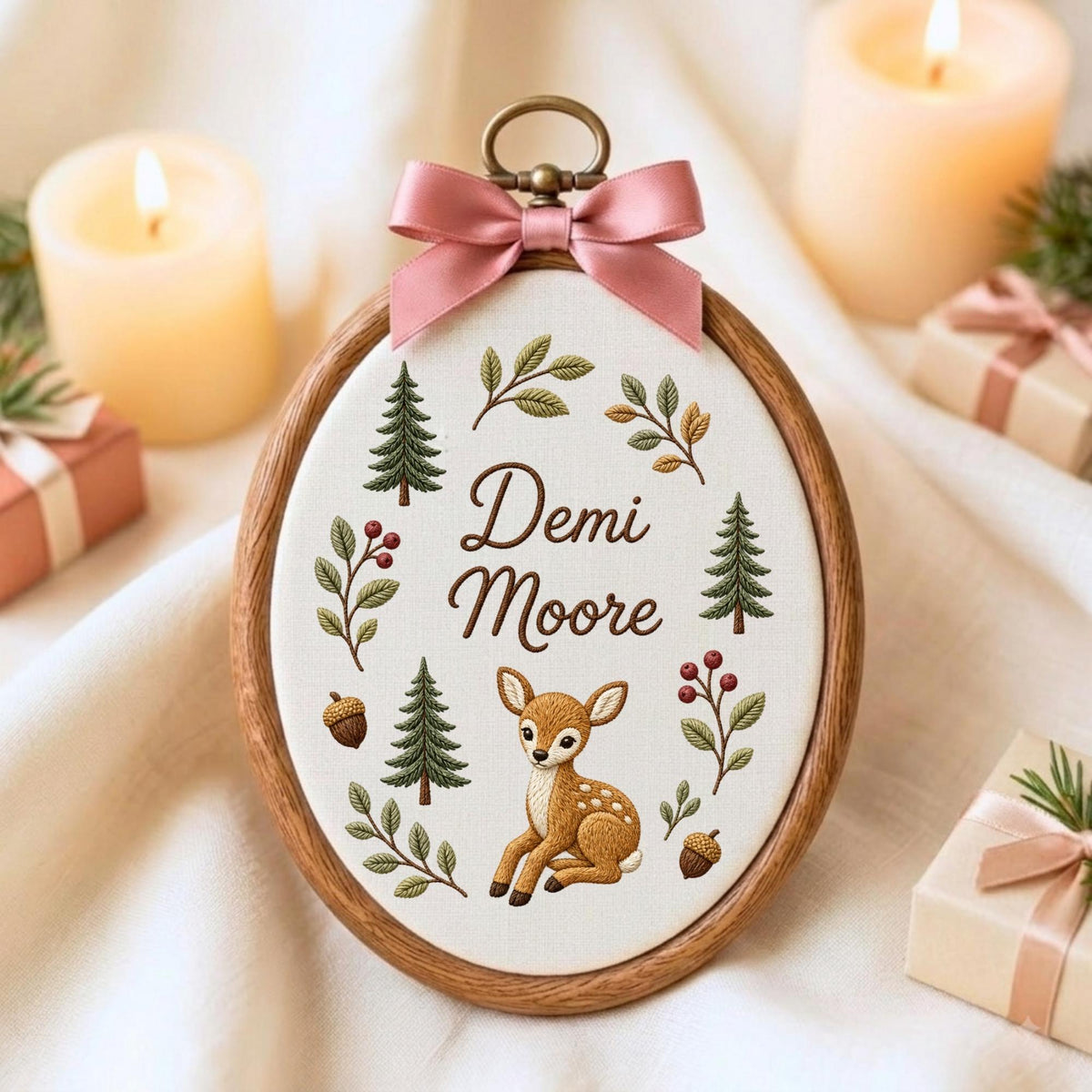 May include: An oval embroidery hoop featuring a white fabric center with the embroidered name Demi Moore in brown script. The design includes a brown fawn, green pine trees, brown acorns, and red berries. A dusty pink satin bow sits at the top.