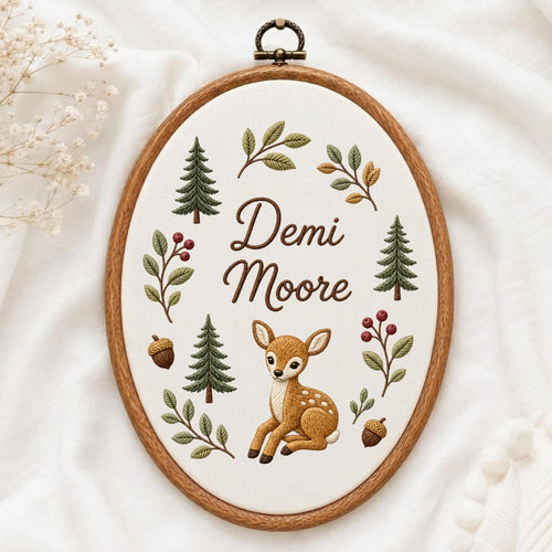 May include: An oval wooden embroidery hoop containing white fabric with hand-stitched designs. The embroidery features the name Demi Moore in brown script, surrounded by green pine trees, brown acorns, red berries, and a small brown fawn.